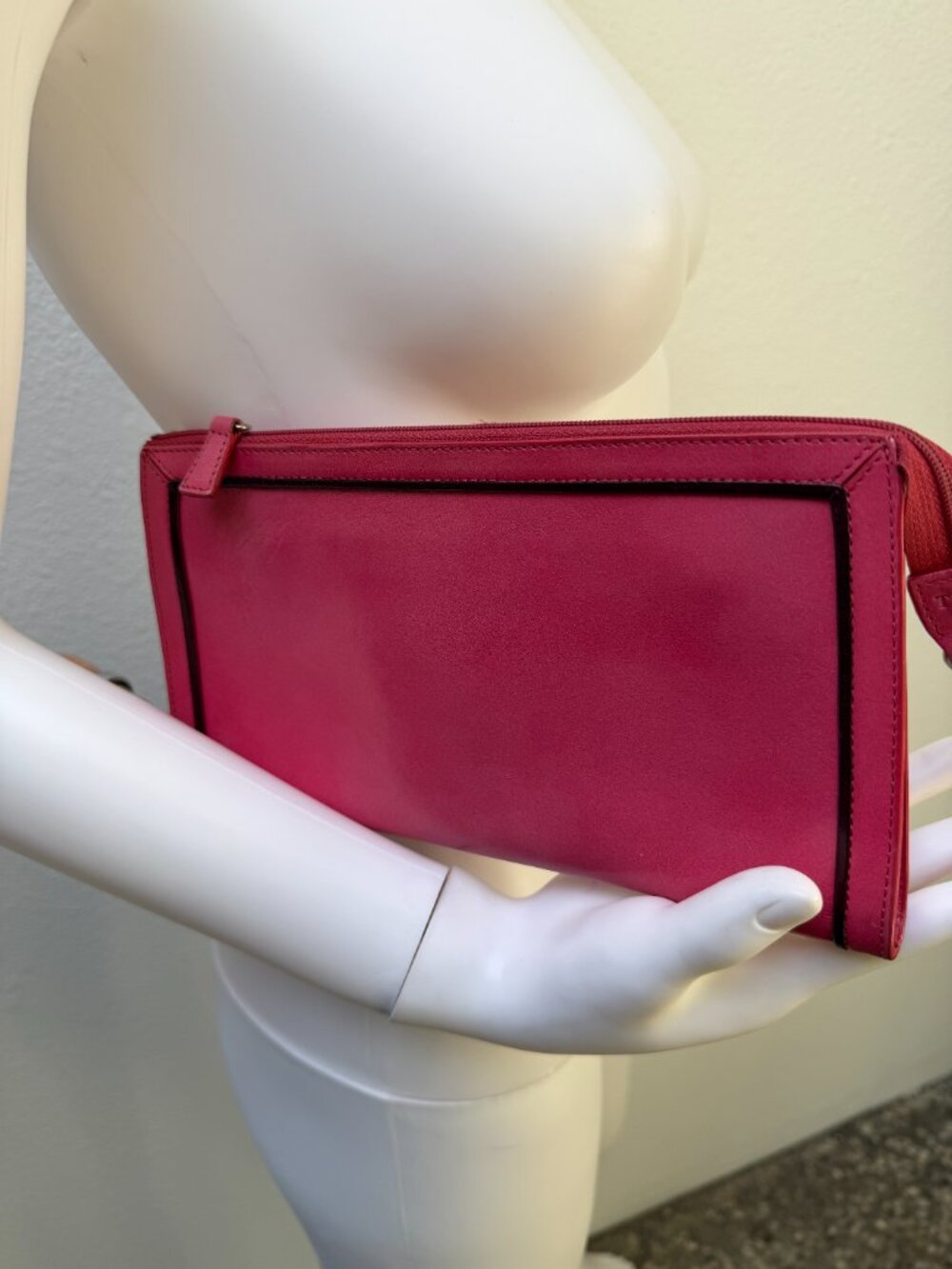 Tusk Pink Leather Convertible Shoulder Bag Clutch Burgundy Trim